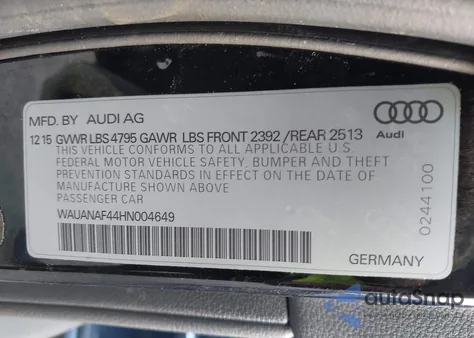 2017 Audi A4 2.0T Premium z USA, uszkodzony, nr VIN WAUANAF44HN004649